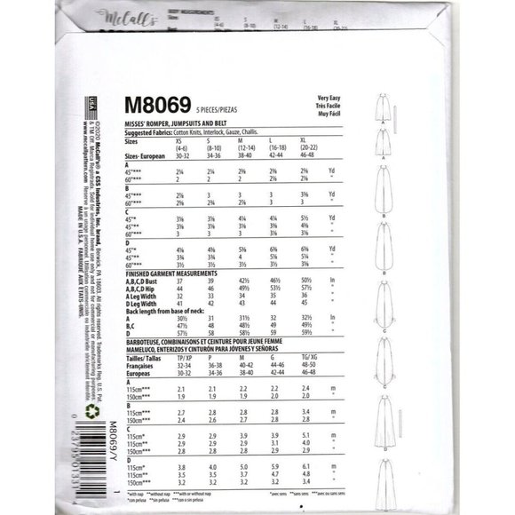 McCalls M8069 Misses XS to M Learn to Sew Jumpsuits and Romper Sewing Pattern - Picture 2 of 2